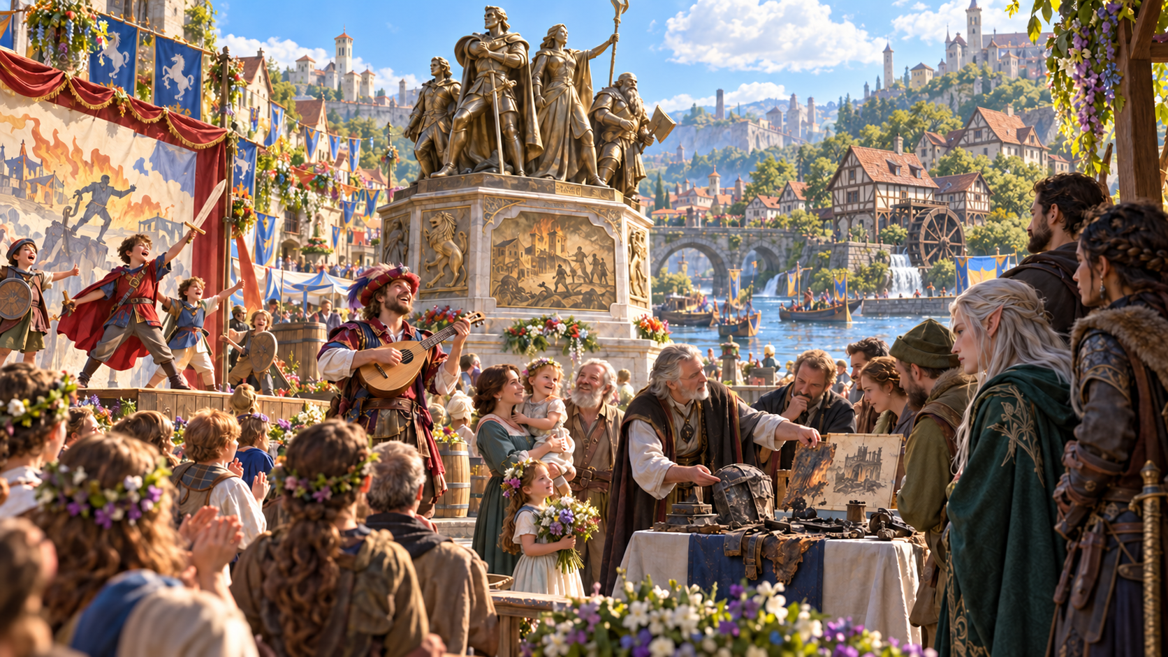 Town celebration around statues and a bard, with witnesses examining an original rescue drawing