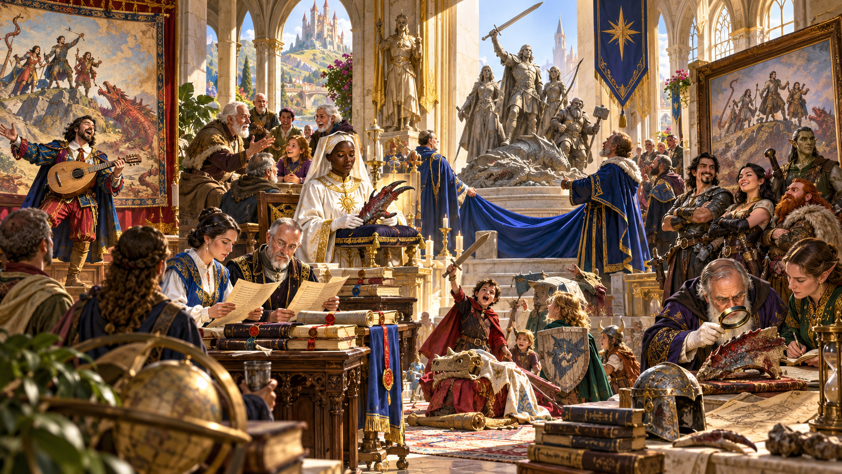 Bard, scribes, chronicler, families, children and scholars preserving accounts around a monument