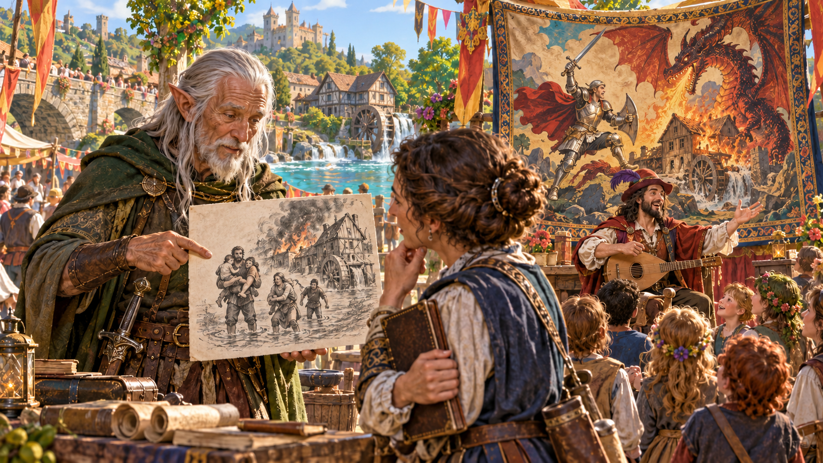 Elderly elf showing a modest rescue drawing beside a bard and an enlarged dragon tapestry